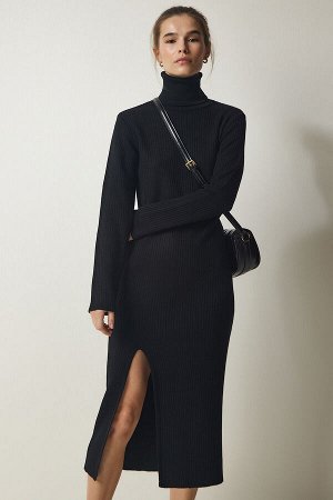 Женское черное трикотажное платье с высоким воротником и разрезом PF00038