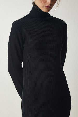 Женское черное трикотажное платье с высоким воротником и разрезом PF00038