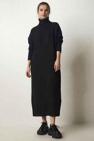 Женское черное трикотажное платье с высоким воротником и разрезом PF00042