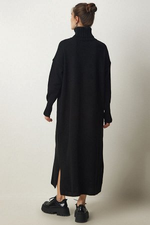 Женское черное трикотажное платье с высоким воротником и разрезом PF00042