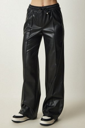 Женские черные брюки премиум-класса из искусственной кожи на шнуровке FN03156