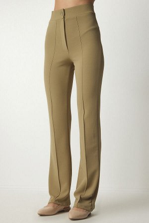 Женские удобные трикотажные брюки светло-хаки из лайкры с высокой талией RV00090