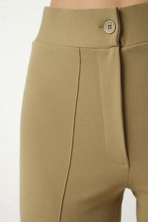 Женские удобные трикотажные брюки светло-хаки из лайкры с высокой талией RV00090