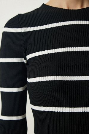 Женское черное трикотажное платье саран в рубчик и полоску NS00397