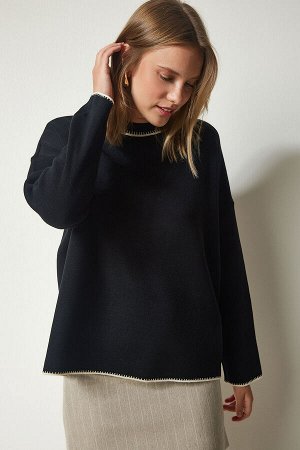 Женский черный трикотажный свитер с круглым вырезом PF00033