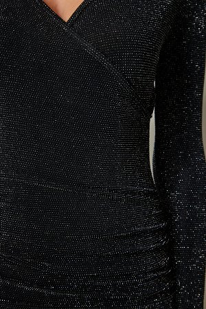Женское темно-серое блестящее стильное вязаное платье с воротником с запахом FF00142