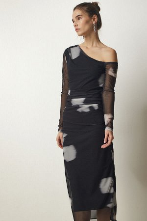 Женское черное шифоновое платье со сборками на одно плечо MC00247
