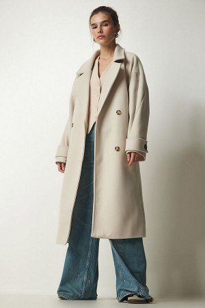 Женское кремовое кашемировое пальто большого размера с двубортным воротником и поясом TO00115