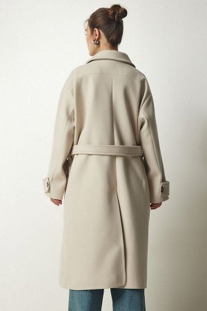 Женское кремовое кашемировое пальто большого размера с двубортным воротником и поясом TO00115