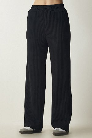 Женские черные трикотажные брюки в рубчик EW00005