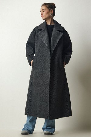 Женское длинное шерстяное пальто премиум-класса антрацитового цвета с двубортным воротником FN03159