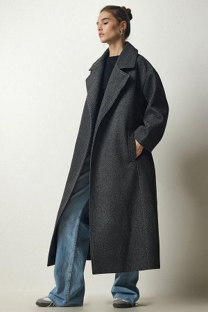 happinessistanbul Женское длинное шерстяное пальто премиум-класса антрацитового цвета с двубортным воротником FN03159