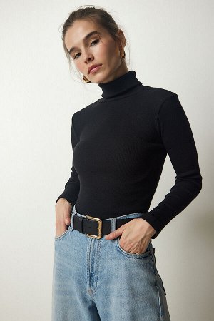 Женская черная вельветовая трикотажная блузка с водолазкой HJ00008
