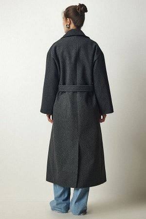 Женское длинное шерстяное пальто премиум-класса антрацитового цвета с двубортным воротником FN03159