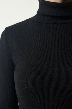 Женская черная вельветовая трикотажная блузка с водолазкой HJ00008