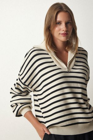 Женский трикотажный свитер кремового цвета в полоску с воротником-молнией PF00039
