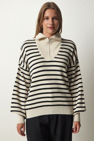 Женский трикотажный свитер кремового цвета в полоску с воротником-молнией PF00039