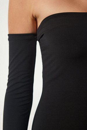 Женское черное облегающее платье песочного цвета без бретелек YK00077