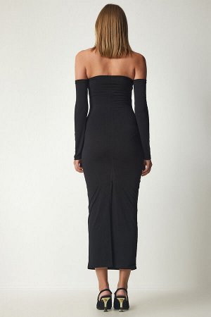 Женское черное облегающее платье песочного цвета без бретелек YK00077