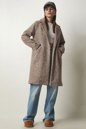 Женское коричневое двубортное пальто-букле с воротником и карманами DD01273