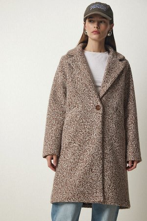 Женское коричневое двубортное пальто-букле с воротником и карманами DD01273