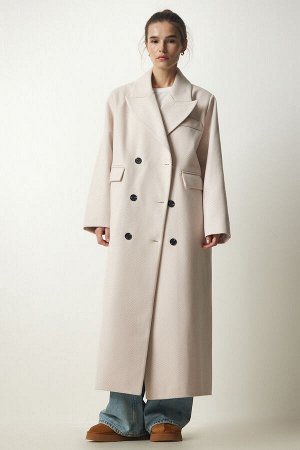 Женское кремовое шерстяное пальто премиум-класса с двубортным воротником и длинной строчкой FN03160