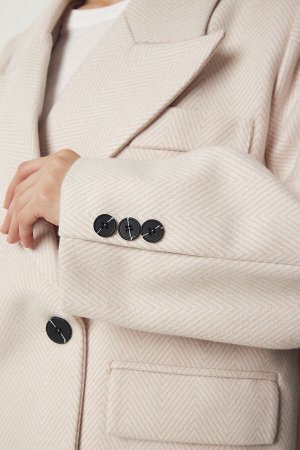 Женское кремовое шерстяное пальто премиум-класса с двубортным воротником и длинной строчкой FN03160