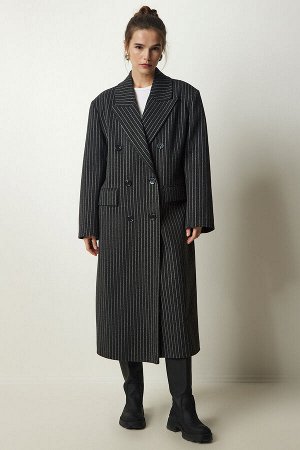 Женское темно-серое шерстяное кашемировое пальто премиум-класса в тонкую полоску с двубортным воротником FN03155