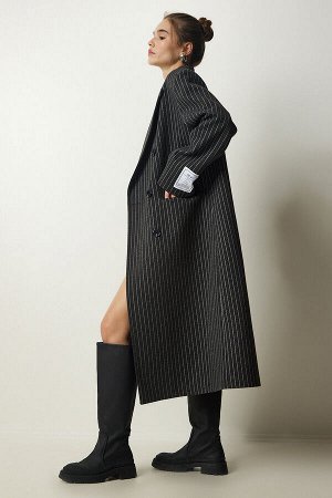 Женское темно-серое шерстяное кашемировое пальто премиум-класса в тонкую полоску с двубортным воротником FN03155