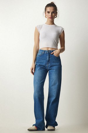Женские синие прямые джинсовые брюки с высокой талией CB00016