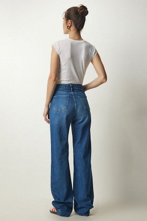 Женские синие прямые джинсовые брюки с высокой талией CB00016