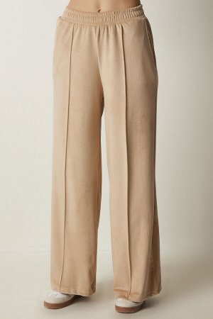 Женские бархатные брюки палаццо кремового цвета MC00248