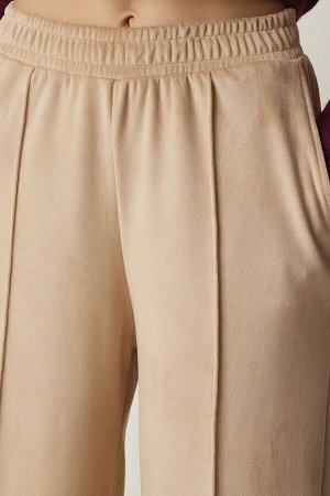 Женские бархатные брюки палаццо кремового цвета MC00248