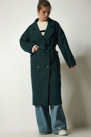 Женское кашемировое пальто большого размера изумрудно-зеленого цвета с двубортным воротником и поясом TO00115