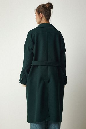 Женское кашемировое пальто большого размера изумрудно-зеленого цвета с двубортным воротником и поясом TO00115