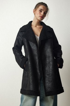 happinessistanbul Женское черное двубортное пальто из меха нубука с двубортным воротником TO00123
