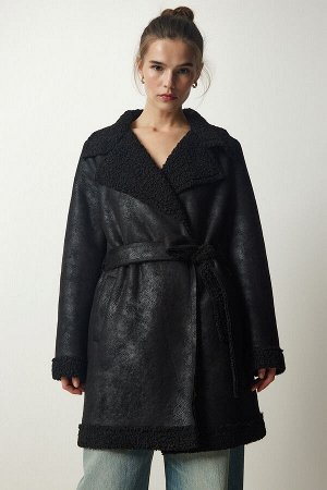 Женское черное двубортное пальто из меха нубука с двубортным воротником TO00123