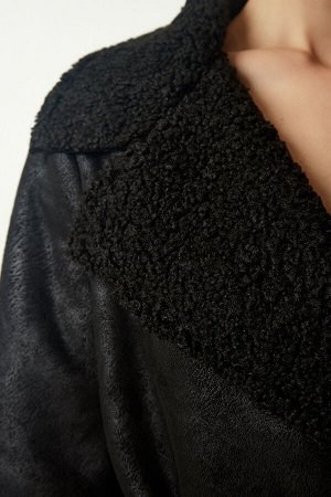 Женское черное двубортное пальто из меха нубука с двубортным воротником TO00123