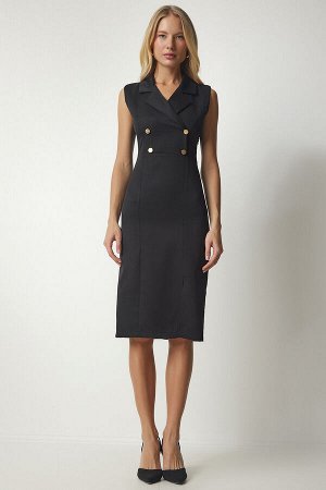 Женское черное элегантное тканое платье с двубортным воротником и разрезом TO00106