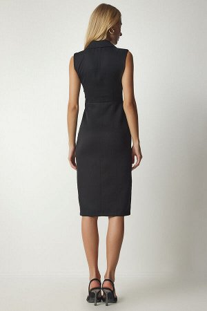 Женское черное элегантное тканое платье с двубортным воротником и разрезом TO00106
