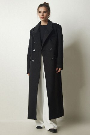 Женское черное шерстяное длинное пальто премиум-класса с вышивкой и двубортным воротником FN03152