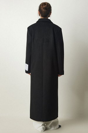 Женское черное шерстяное длинное пальто премиум-класса с вышивкой и двубортным воротником FN03152
