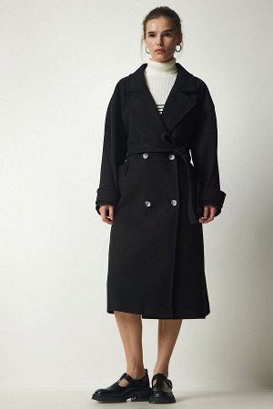 Женское черное кашемировое пальто большого размера с двубортным воротником и поясом TO00115