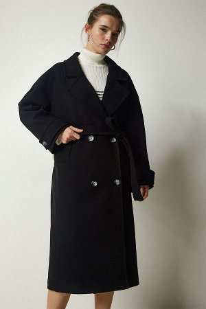 happinessistanbul Женское черное кашемировое пальто большого размера с двубортным воротником и поясом TO00115
