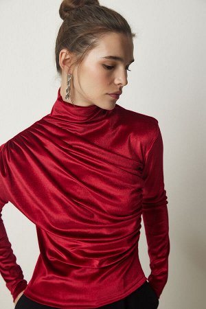 Женская красная стильная бархатная блузка со сборным воротником FF00144