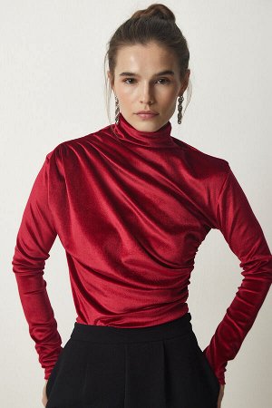 Женская красная стильная бархатная блузка со сборным воротником FF00144