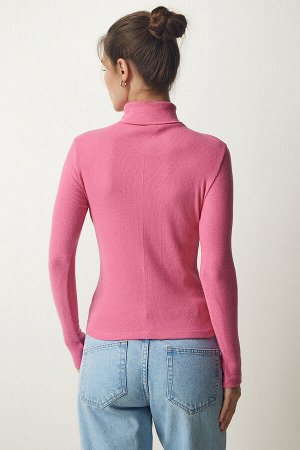 Женская розовая вязаная блузка с воротником на шнурке HJ00008