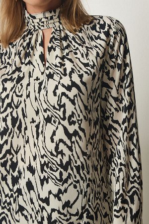 Женская кремовая черная тканая блузка с детальным рисунком и узором «окно» UB00206