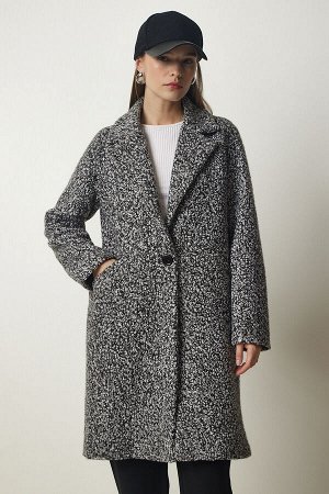 Женское черное двубортное пальто-букле с воротником и карманами DD01273