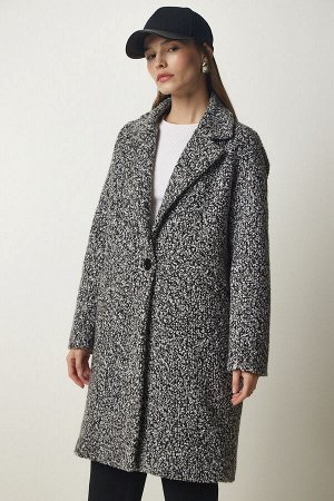 Женское черное двубортное пальто-букле с воротником и карманами DD01273
